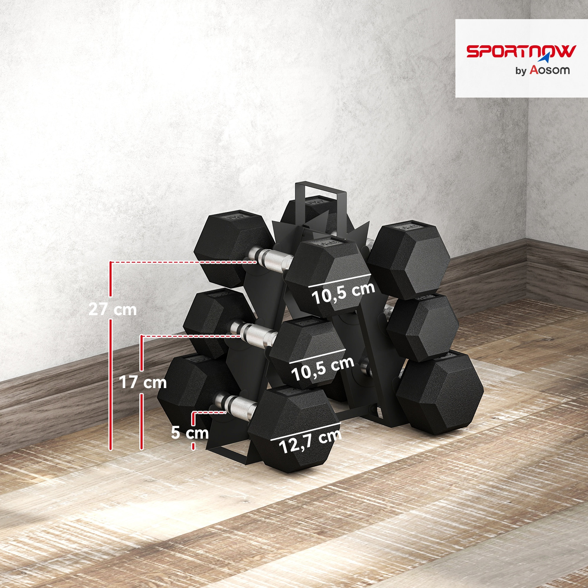 Juego de Mancuernas de 6 Piezas 36 kg, Mancuernas Hexagonales 2x4kg, 2x6kg, 2x8kg, con Soporte de Almacenamiento y Mango Antideslizante para Entrenamiento en Casa Gimnasio, Negro