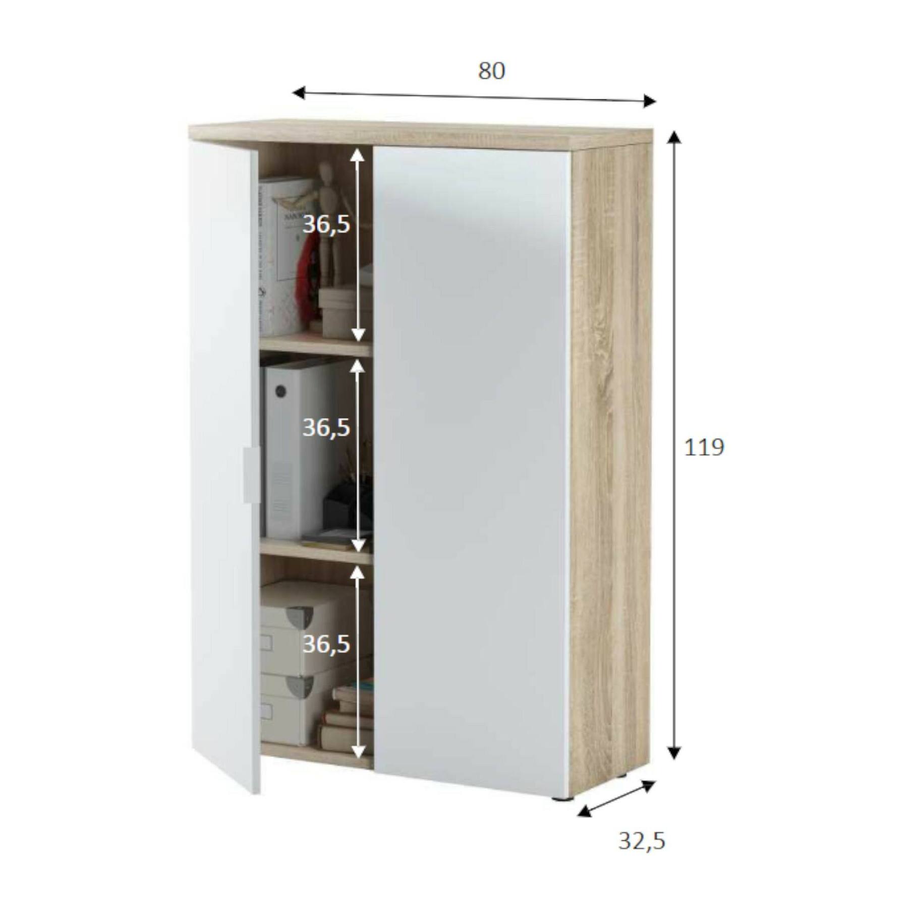 Armadio multiuso Plano, Mobile multiuso a 2 ante, Armadio portascarpe con 3 ripiani, Scarpiera moderna, cm 80x33h119, Rovere e Bianco