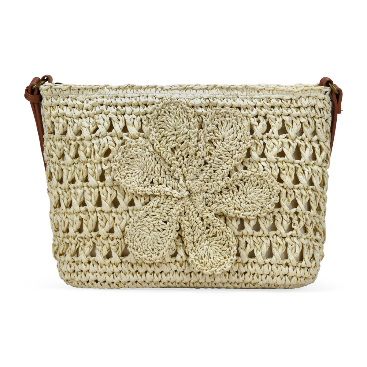 Bolso bandolera beige en rafia con flor