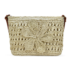 Bolso bandolera beige en rafia con flor