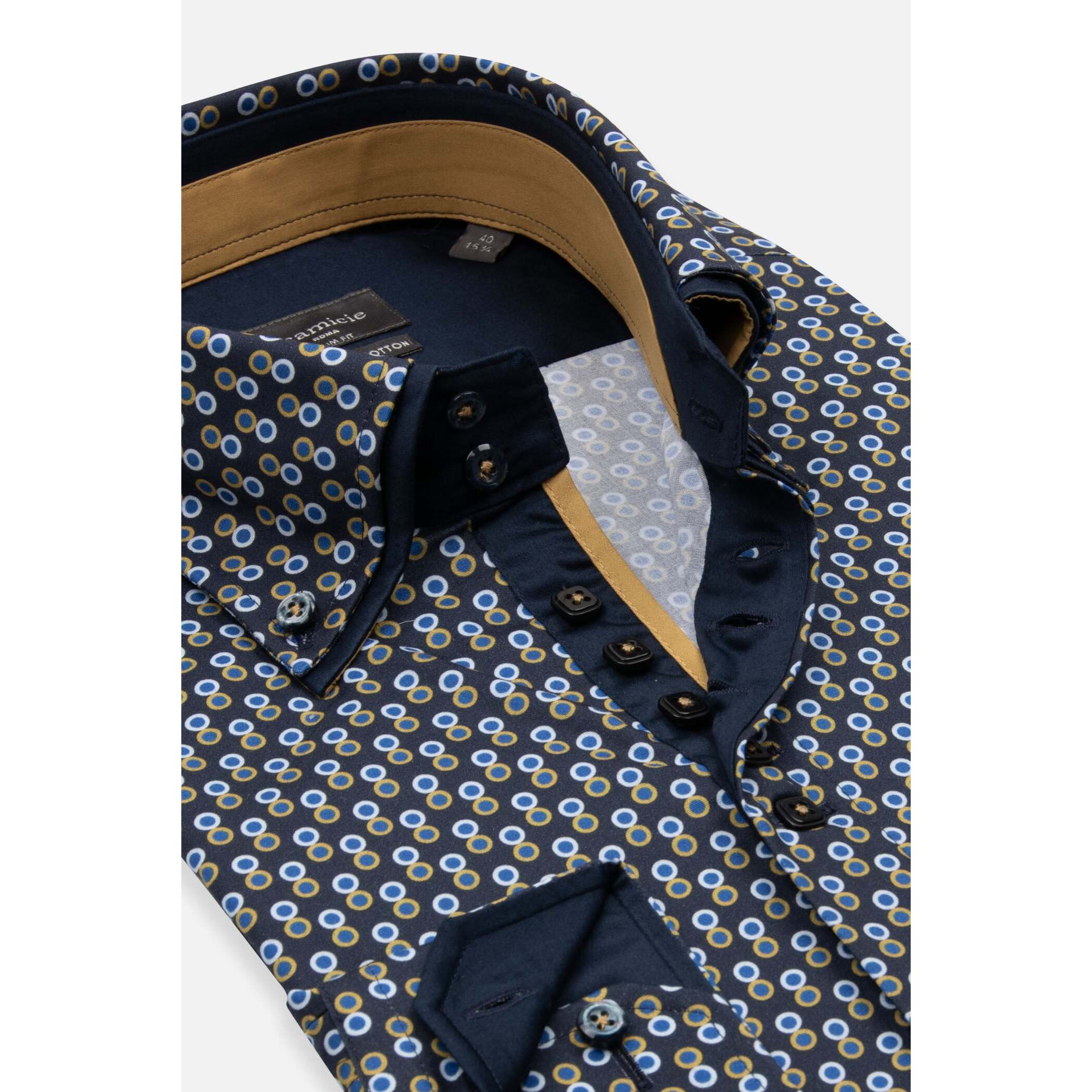 Camicia Uomo 2 Bottoni Button Down 7bottoni Doppio Coll Popeline Stretch Stampato Blu e Ocra