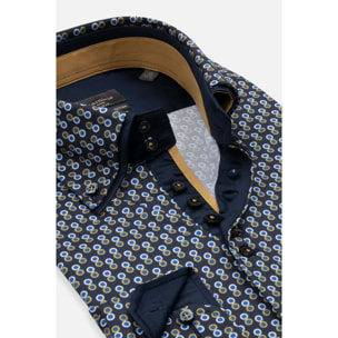 Camicia Uomo 2 Bottoni Button Down 7bottoni Doppio Coll Popeline Stretch Stampato Blu e Ocra