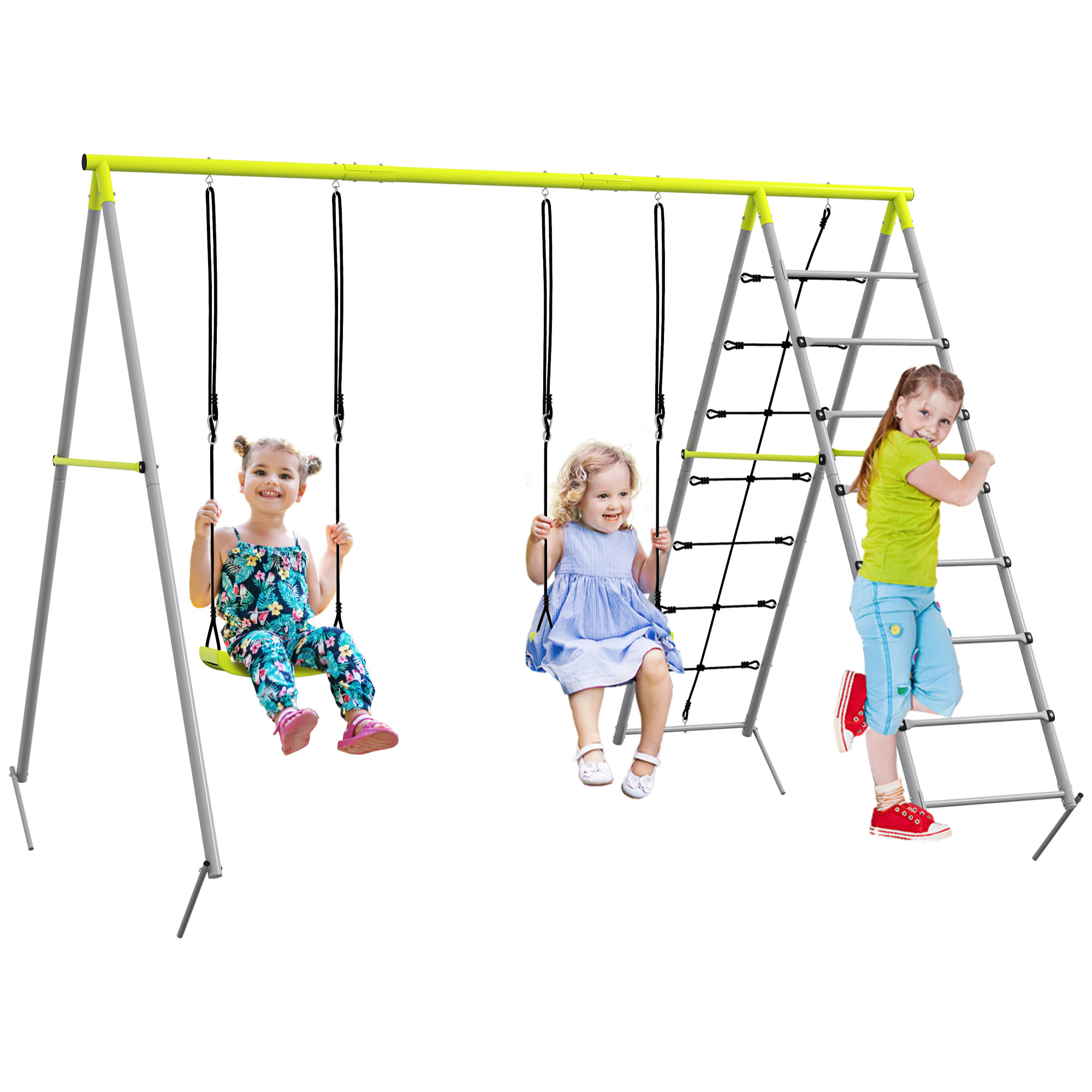 Columpio para Niños 4 en 1 Columpio Jardín Exterior con 2 Sillas Trepador Red de Escalada Cuerda Ajustable y Anti-UV Columpio Infantil Carga 180 kg 260x185x180 cm Gris y Verde