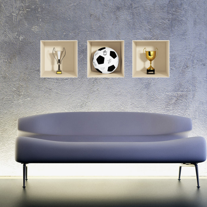 Stickers muraux 3D | Sticker Mural Autocollant effet 3D football et coupes - Stickers adhésifs 3D Chambre Salon Trompe l'oeil