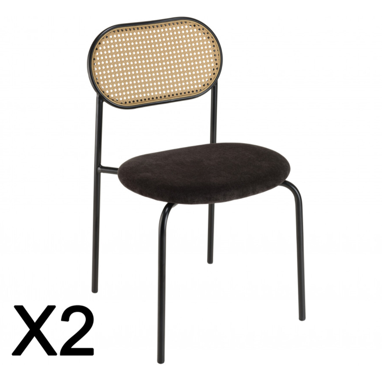 LEA - Lot de 2 chaises assise tissu noir dossier effet cannage et métal