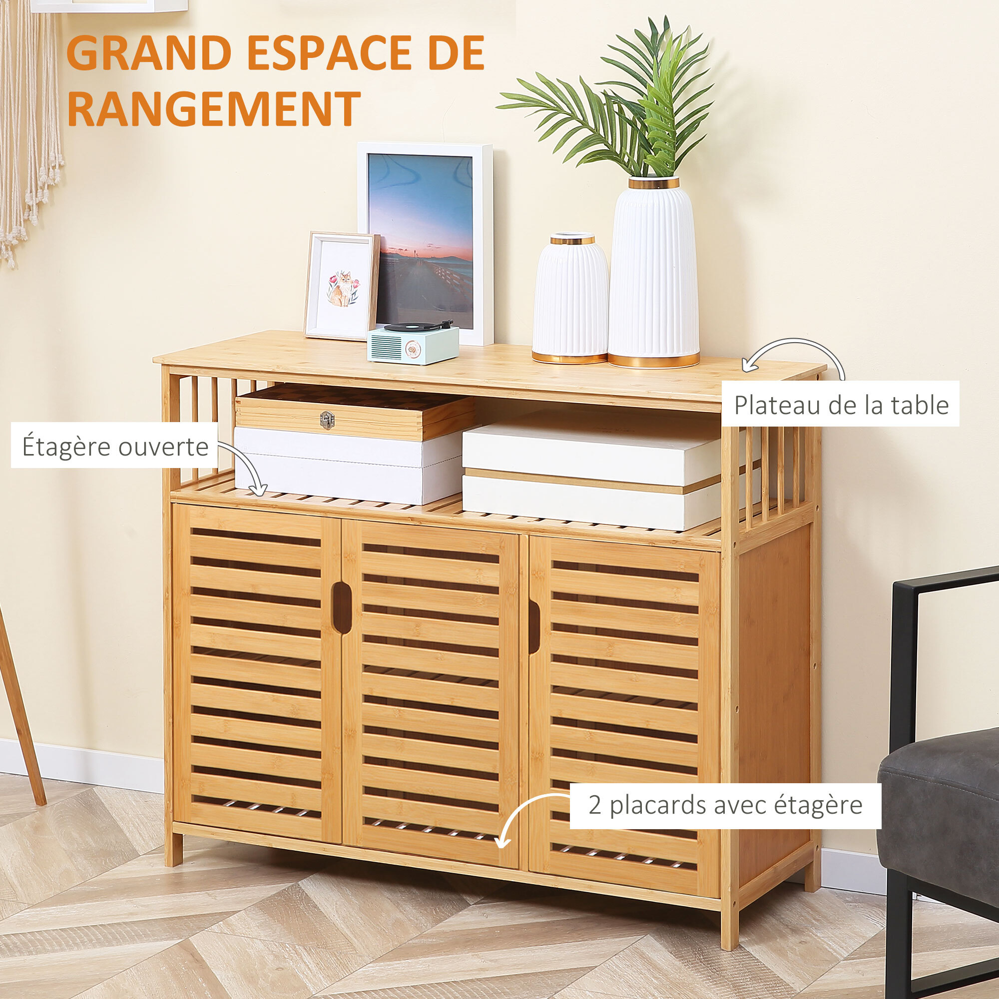 Buffet meuble de rangement bois bambou à lattes style naturel - 3 portes, 4 étagères