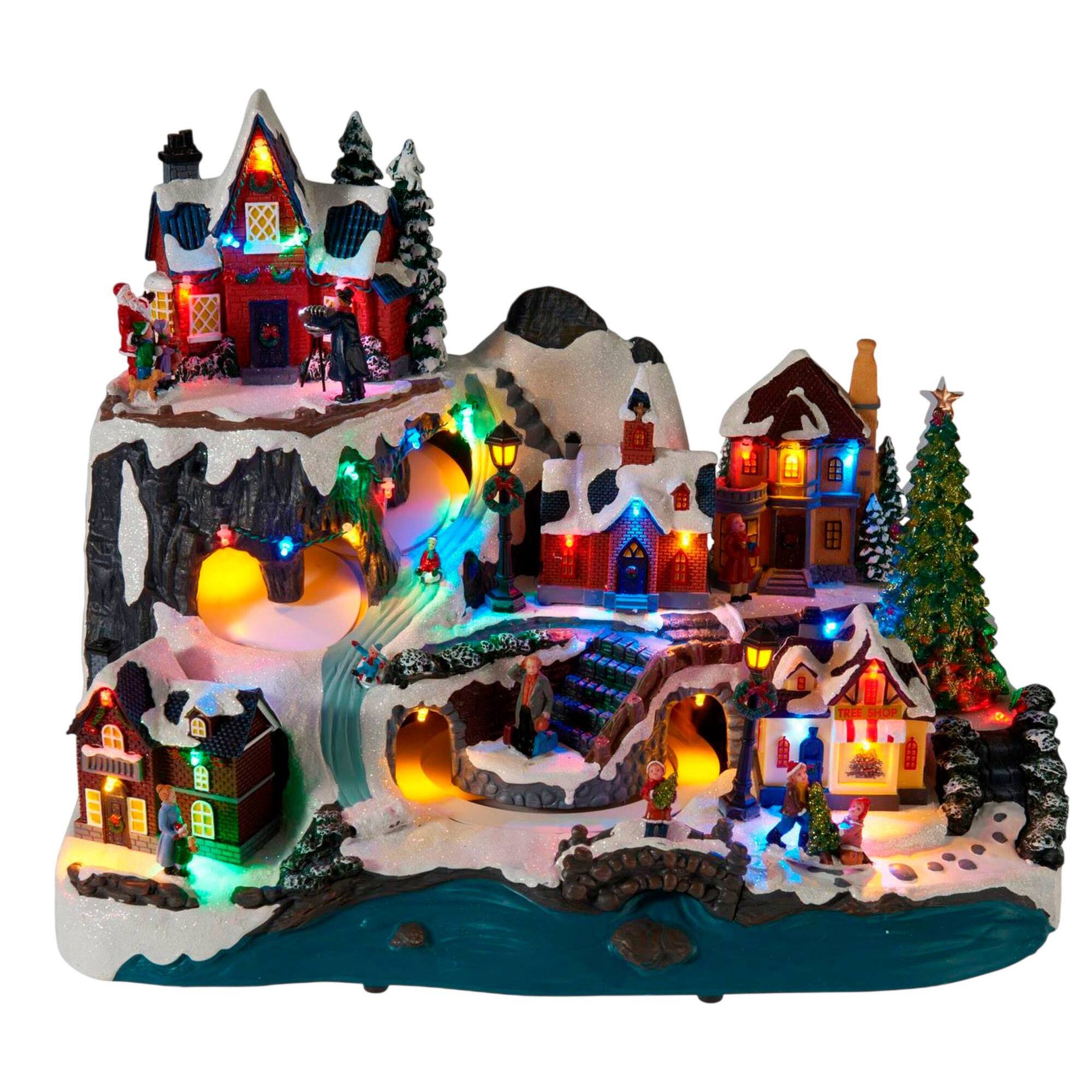 Pueblo navideño de esquí con led y movimiento, escena de invierno iluminada 45,6x30,5x35,8 cm