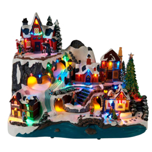 Pueblo navideño de esquí con led y movimiento, escena de invierno iluminada 45,6x30,5x35,8 cm
