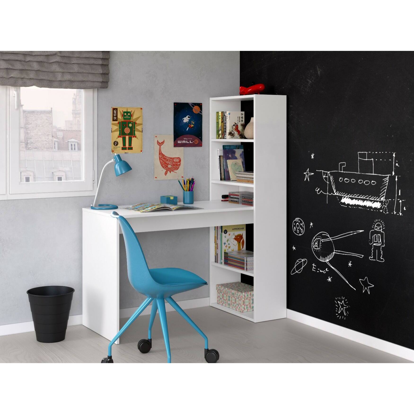 Scrivania Ali, Scrittoio multifunzione reversibile con libreria 5 ripiani, Tavolo da studio o ufficio porta PC portalibri, 120x53h144 cm, Bianco