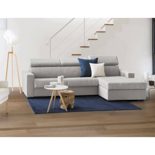 Divano fisso Mikaela, Divano ad angolo, 100% Made in Italy, Sofà Soggiorno con chaise longue, in tessuto imbottito - Penisola contenitore Destra, con Braccioli slim, Cm 280x95h85, Grigio