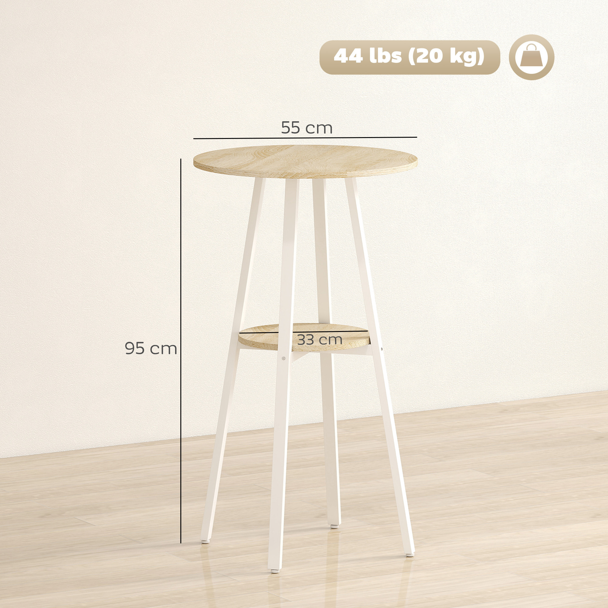 Mesa Alta Cocina Redonda con Estante de Almacenamiento, Mesa Alta Bar Moderna para 2 Personas con Marco de Metal para Salón y Comedor, 55x55x95 cm, Madera Natural y Blanco