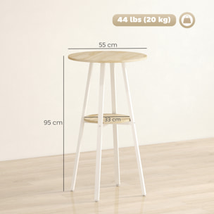 Mesa Alta Cocina Redonda con Estante de Almacenamiento, Mesa Alta Bar Moderna para 2 Personas con Marco de Metal para Salón y Comedor, 55x55x95 cm, Madera Natural y Blanco