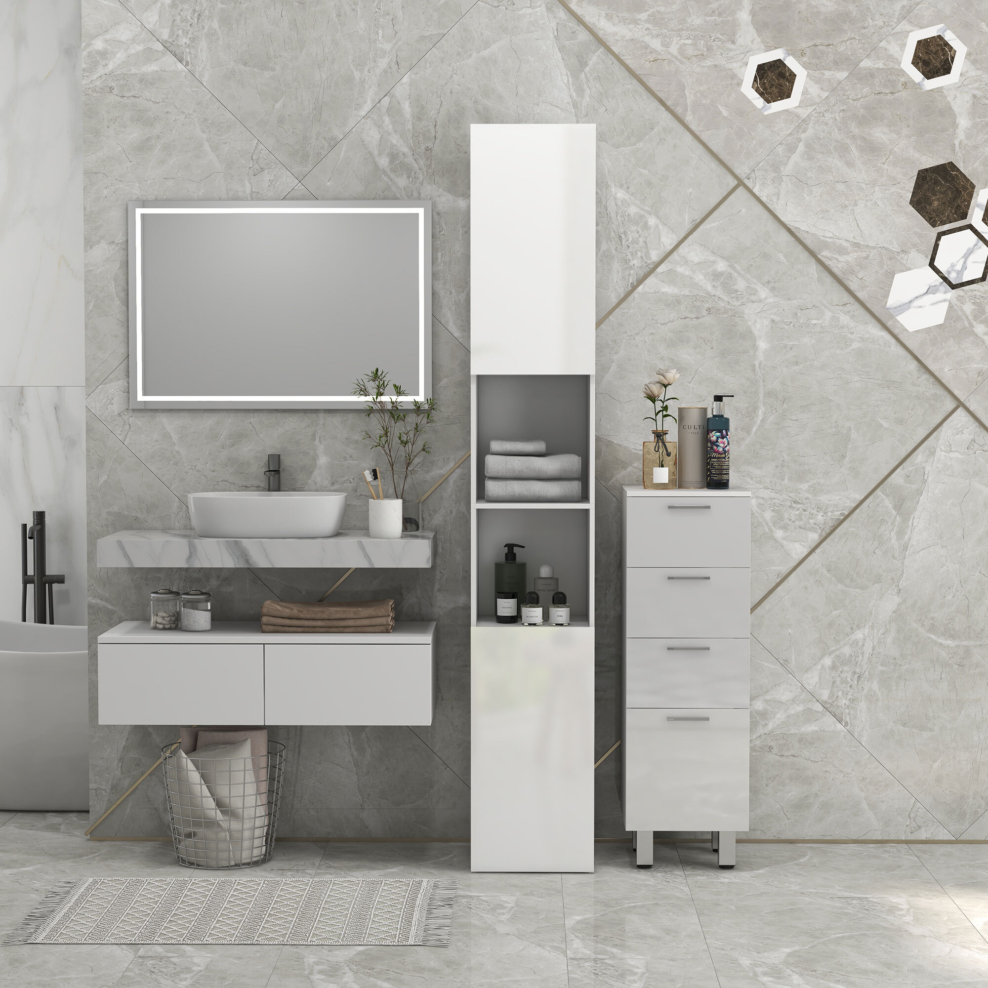 Meuble colonne rangement salle de bain style contemporain façade laquée 2 portes étagères 2 niches blanc