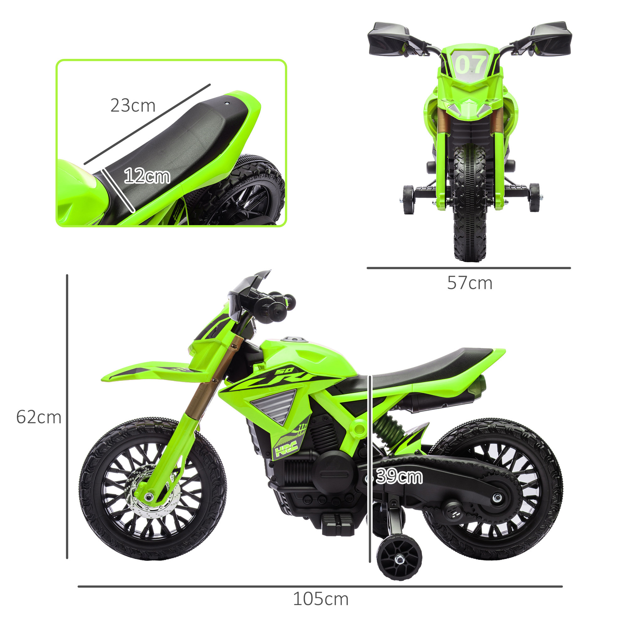 Moto Cross électrique enfant 6 V 2 moteurs effets sonores max. 3 Km/h 30 Kg avec stabilisateurs vert