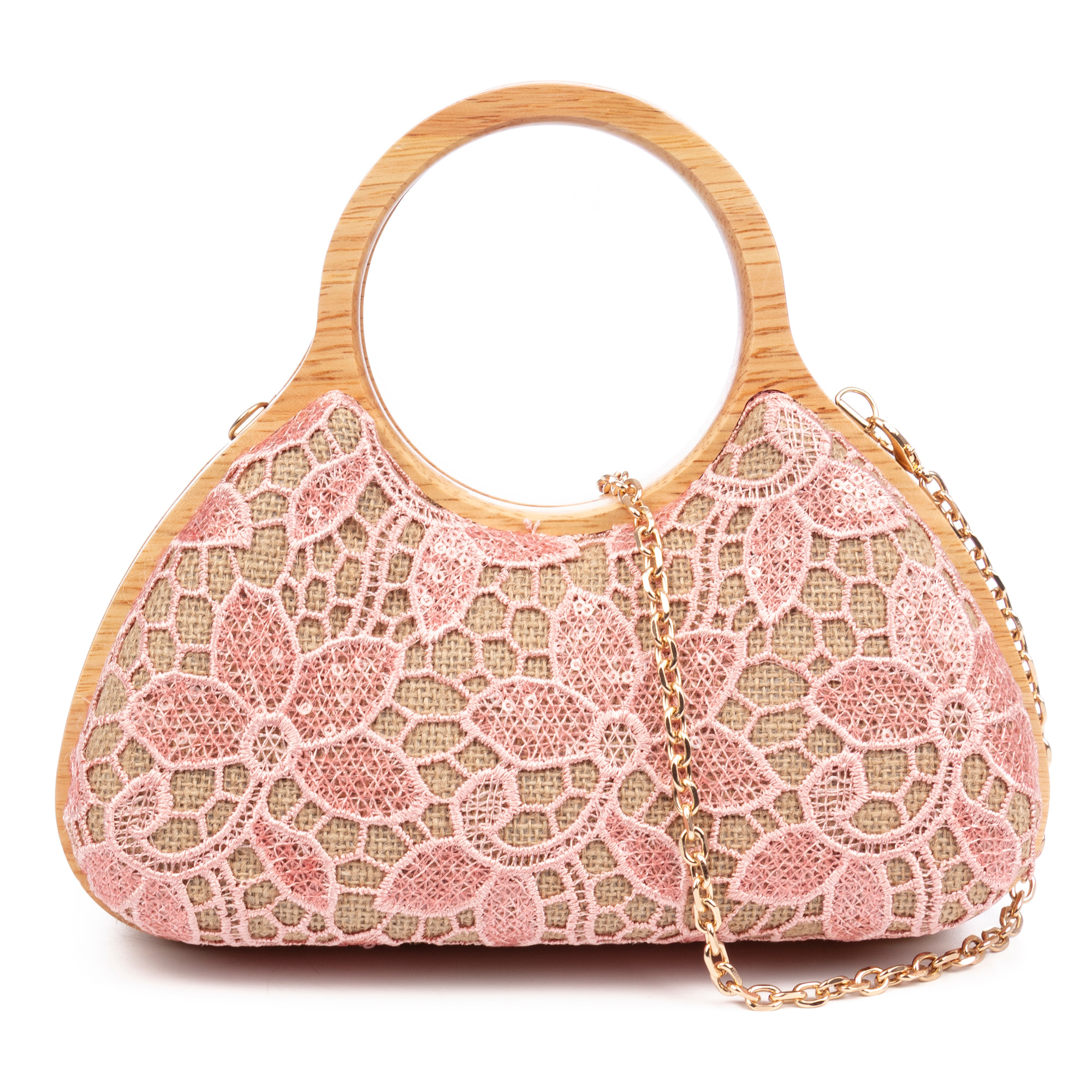 Avisio bolso de mano fabricado en madera natural, algodón y jute con diseño malla de tejido floral