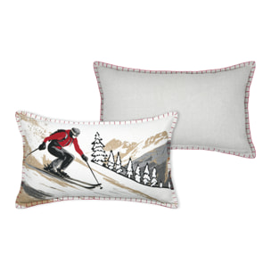 Coussin rectangulaire en coton à motif ski - Blanc