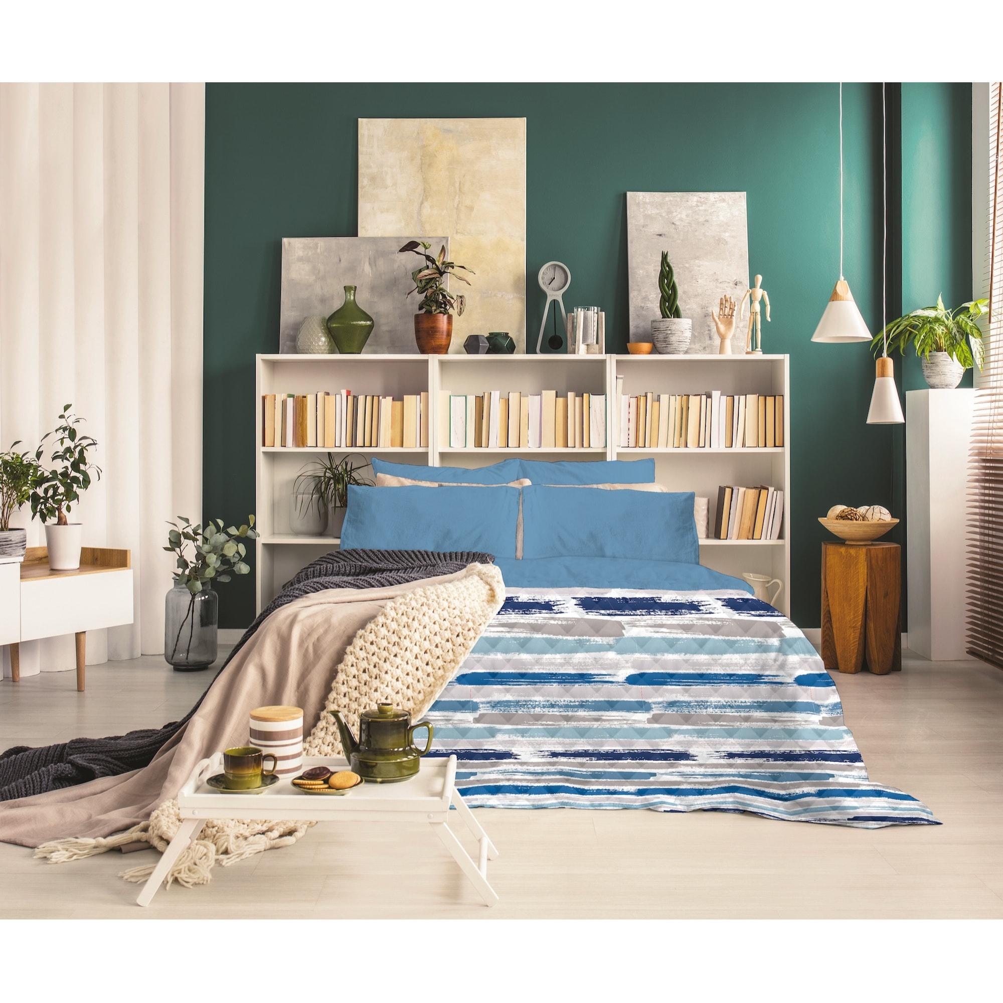 TRAPUNTINO LETTO PIAZZA E MEZZA RIGHE BLU MADE IN ITALY MEZZA STAGIONE