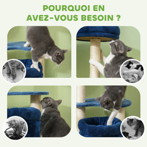 Arbre à chat design - niche, 2 plateformes, 2 coussins, griffoirs - peluche bleu roi