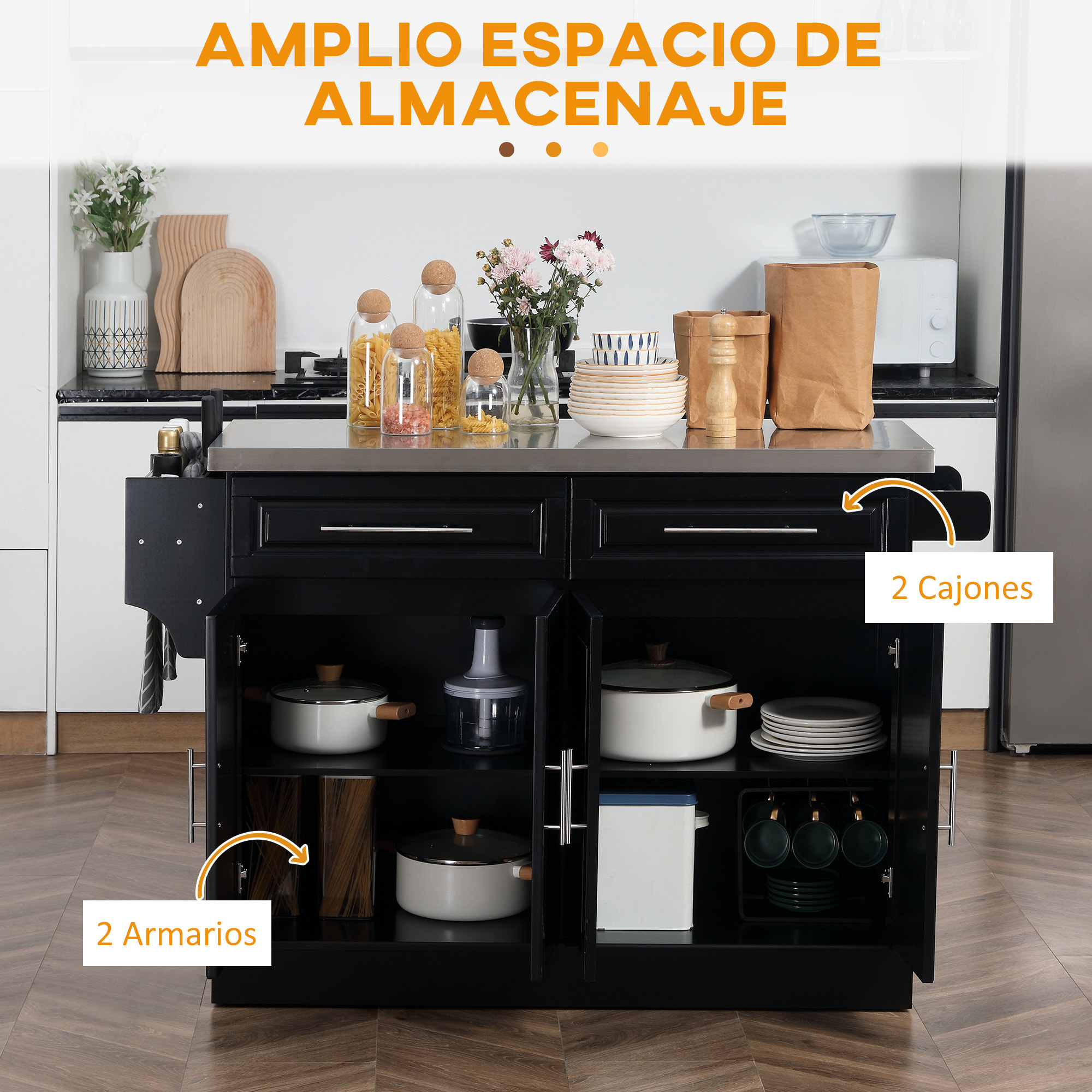 Isla de Cocina con Ruedas Carro de Cocina con Tablero de Acero Inoxidable 2 Cajones 4 Puertas 2 Estantes Ajustables Especiero y Toallero 145x45x93 cm Negro