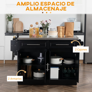 Isla de Cocina con Ruedas Carro de Cocina con Tablero de Acero Inoxidable 2 Cajones 4 Puertas 2 Estantes Ajustables Especiero y Toallero 145x45x93 cm Negro