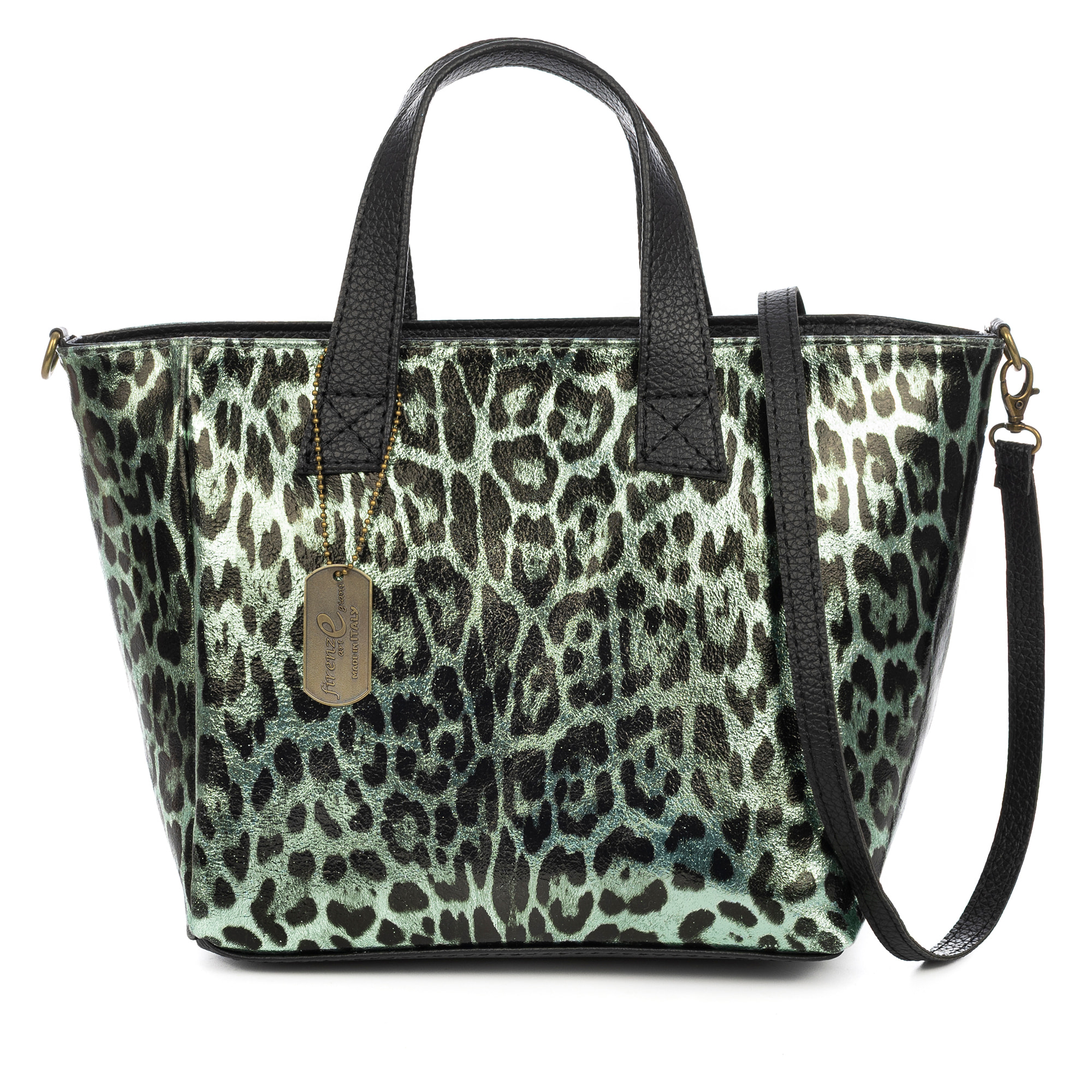 Cassandra borsa tote donna. Pelle autentica Camoscio, stampa animale leopardata, laccato lucido.