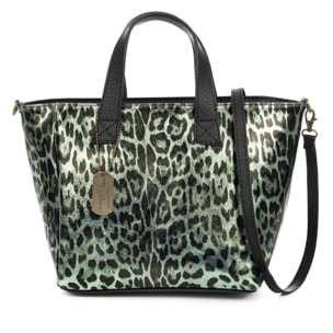 Cassandra borsa tote donna. Pelle autentica Camoscio, stampa animale leopardata, laccato lucido.