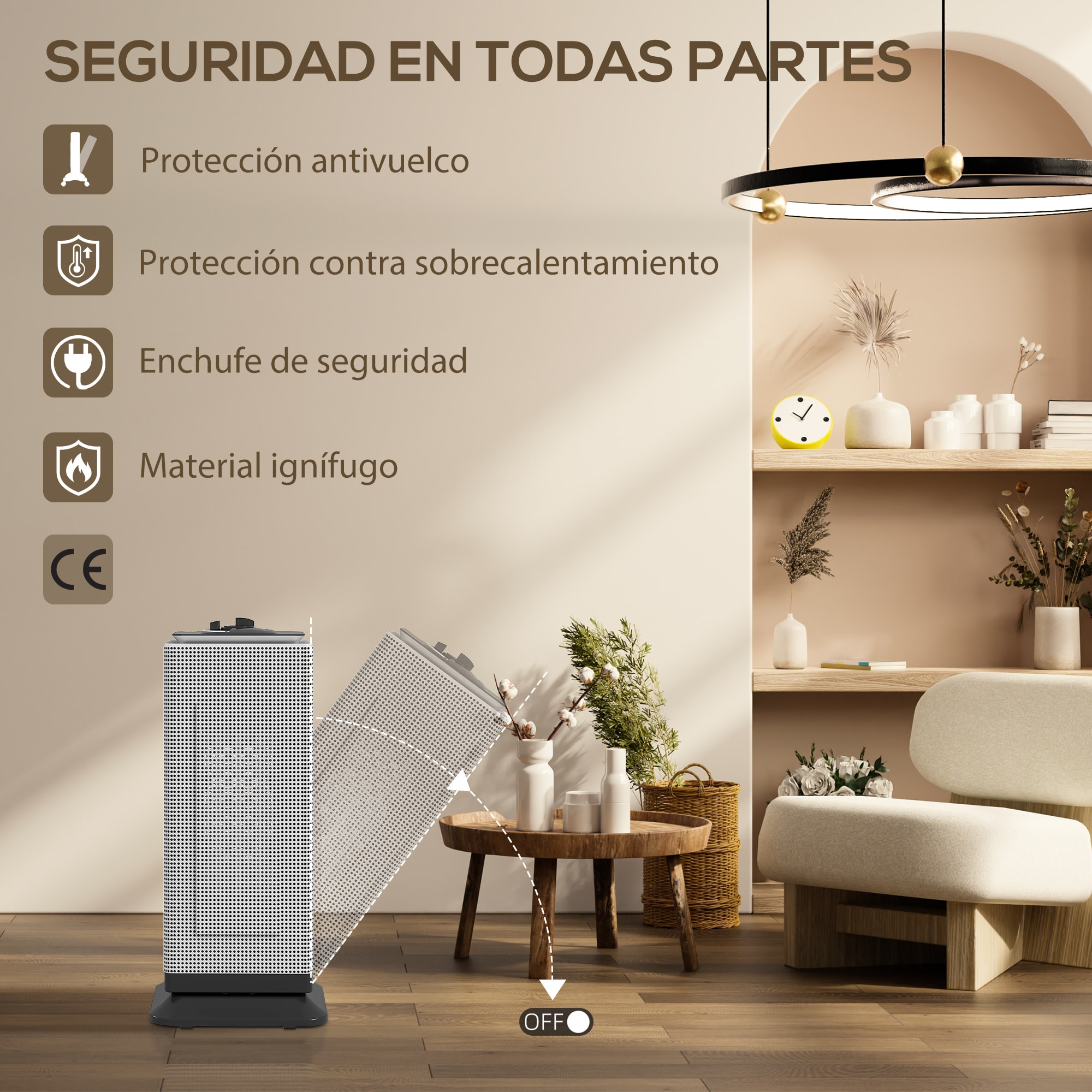 Calefactor Eléctrico Bajo Consumo Cerámico, 2000W PTC, con 3 Modos, Termostato Regulable, Oscilación de 55°, Protección contra Vuelcos y Sobrecalentamiento para 15㎡ en Dormitorio, Negro