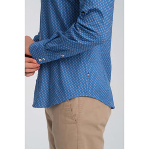 Camicia Uomo 2 Bottoni Button Down Slim Popeline Stretch Stampato Avion e Bianco