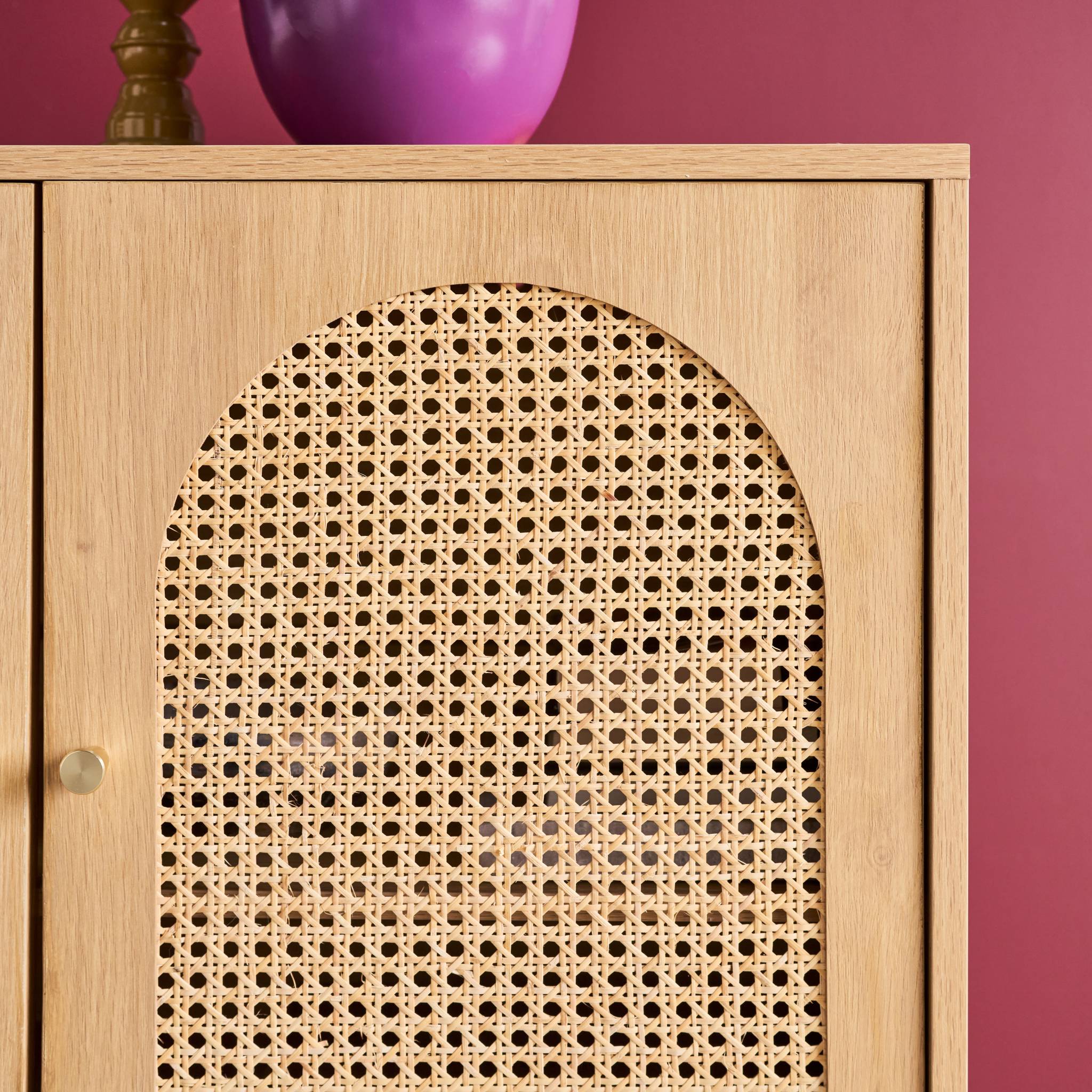 Buffet décor bois et cannage 3 portes teinte naturelle 120 x 40 x 75 cm - Judith