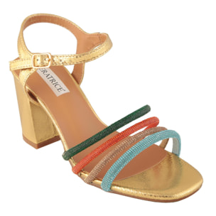 Sandali con strass multicolore e tacco alto quadrato