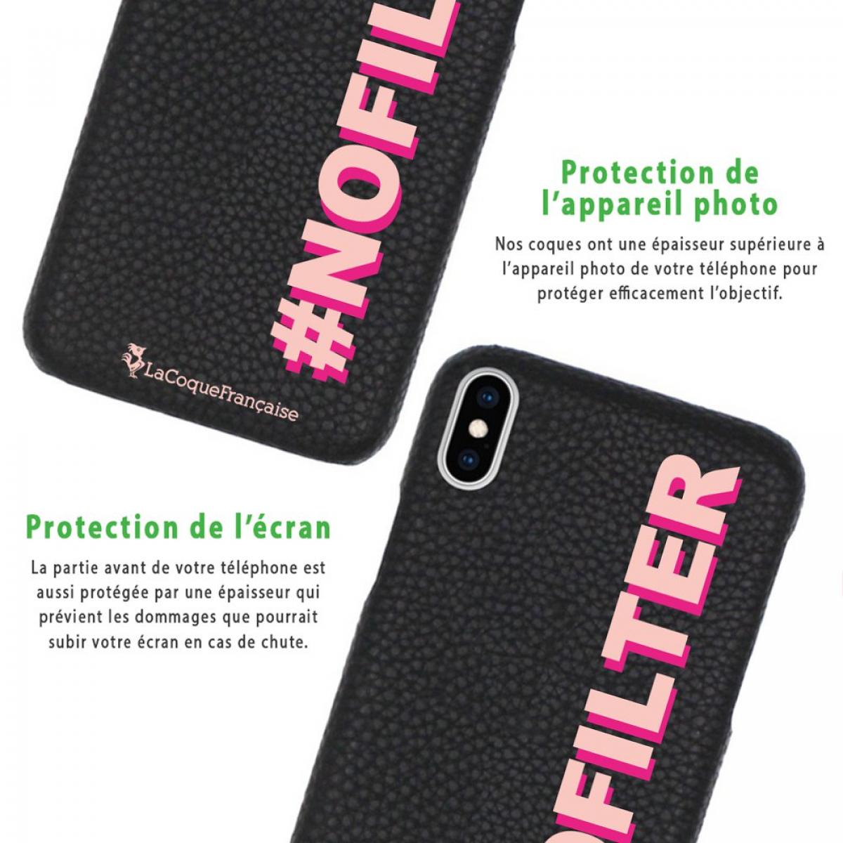 Coque iPhone X/XS effet cuir grainé noir No Filter rose et fushia Design La Coque Francaise