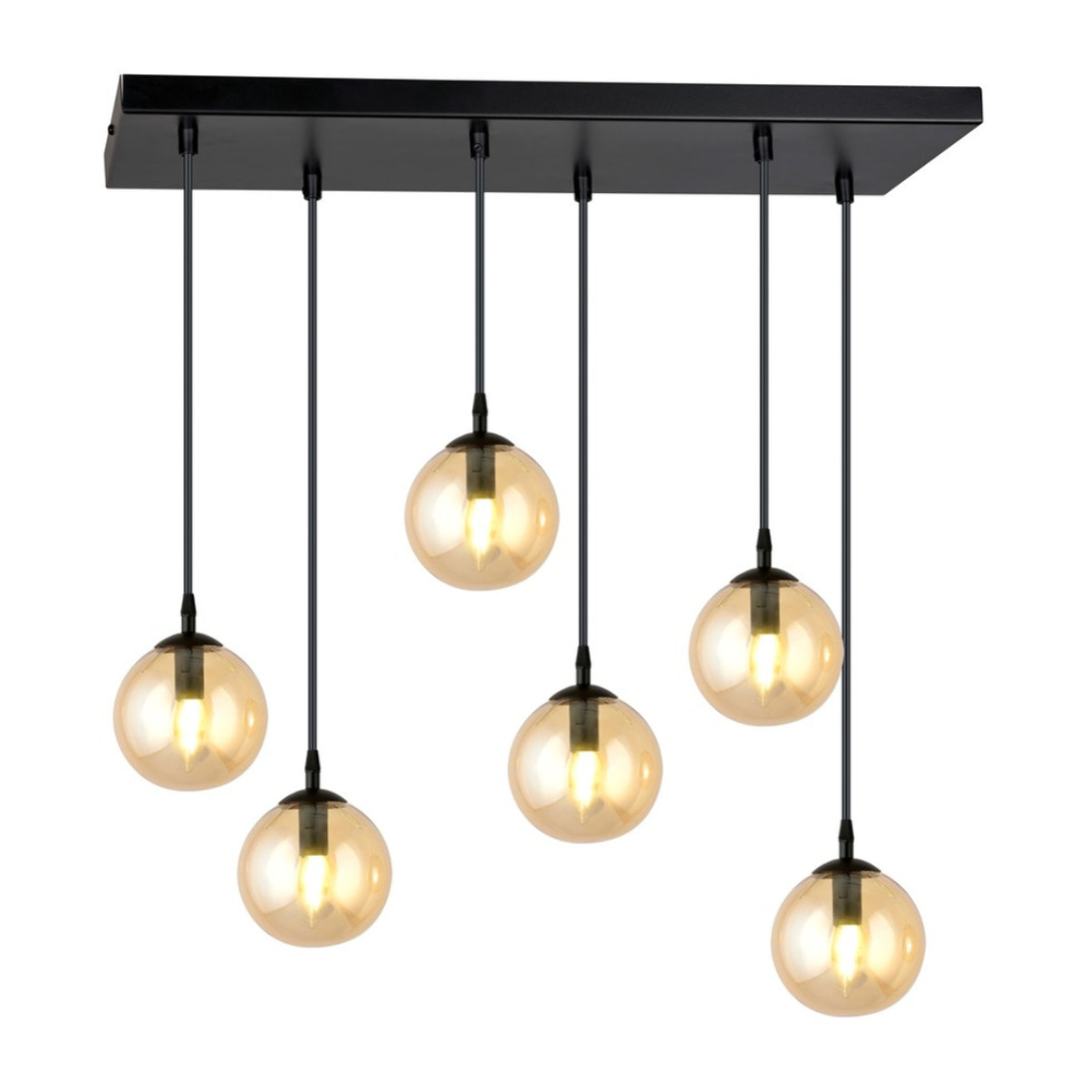 Lampada a sospensione Cosmo in acciaio nero con diffusori in vetro ambrato