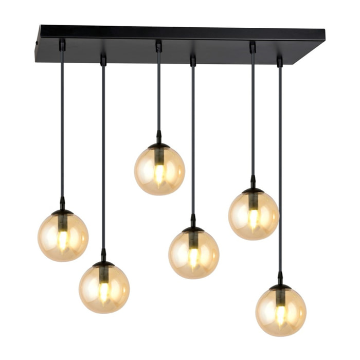 Lampada a sospensione Cosmo in acciaio nero con diffusori in vetro ambrato