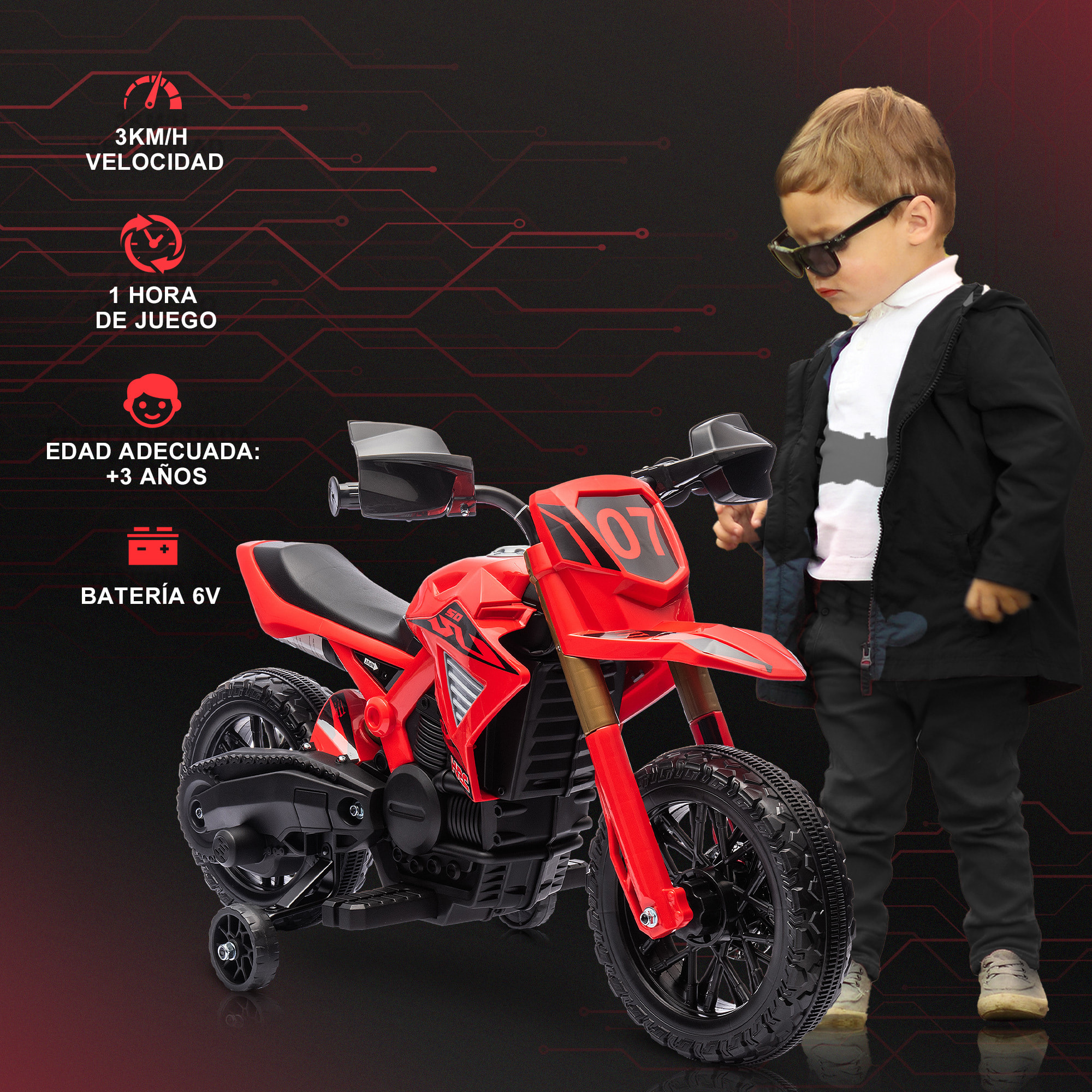 Moto Eléctrica para Niños de +3 Años Moto de Batería 12V para Niños con Ruedas de Entrenamiento Acelerador en Puño y Bocina Carga 30 kg Rojo