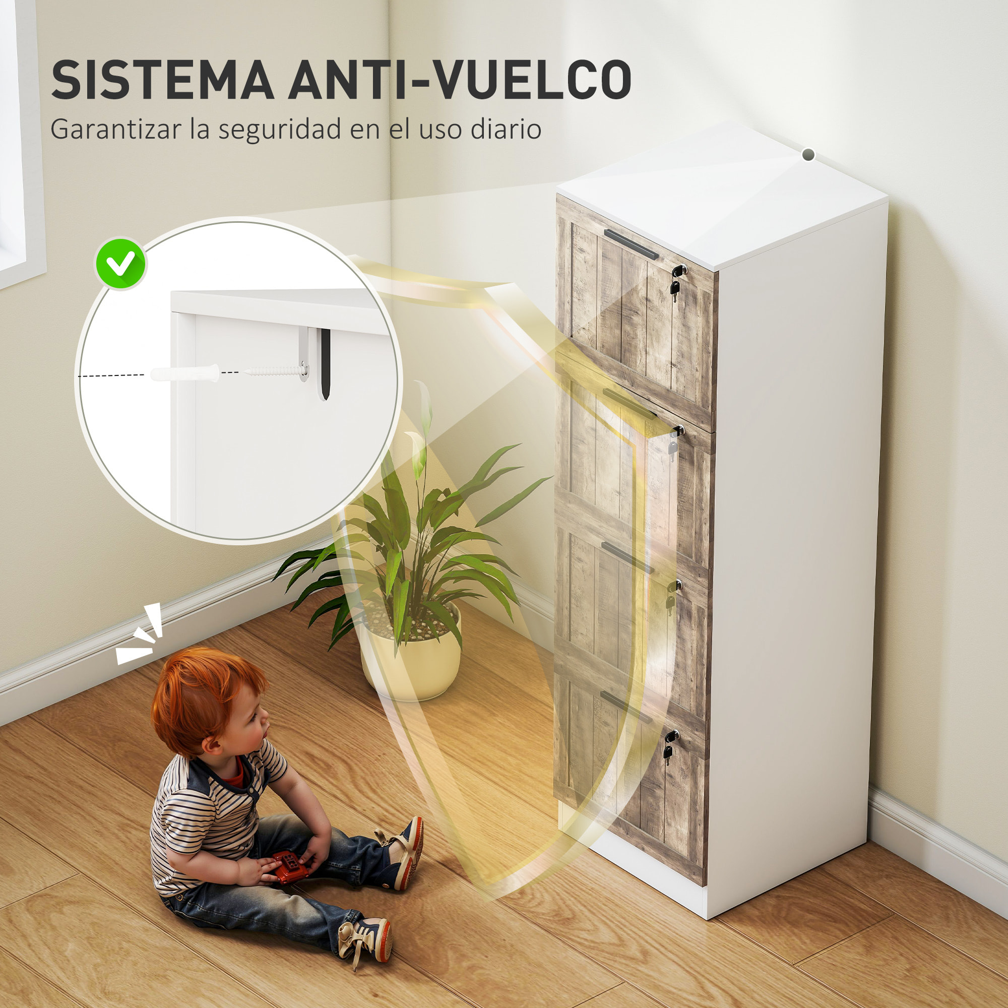 Cajonera de Oficina con 4 Cajones Cajonera de Escritorio con Cerradura 2 Llaves Barras Colgantes para A4 Carta Archivador Móvil para Estudio 39,4x40x129 cm Blanco y Madera