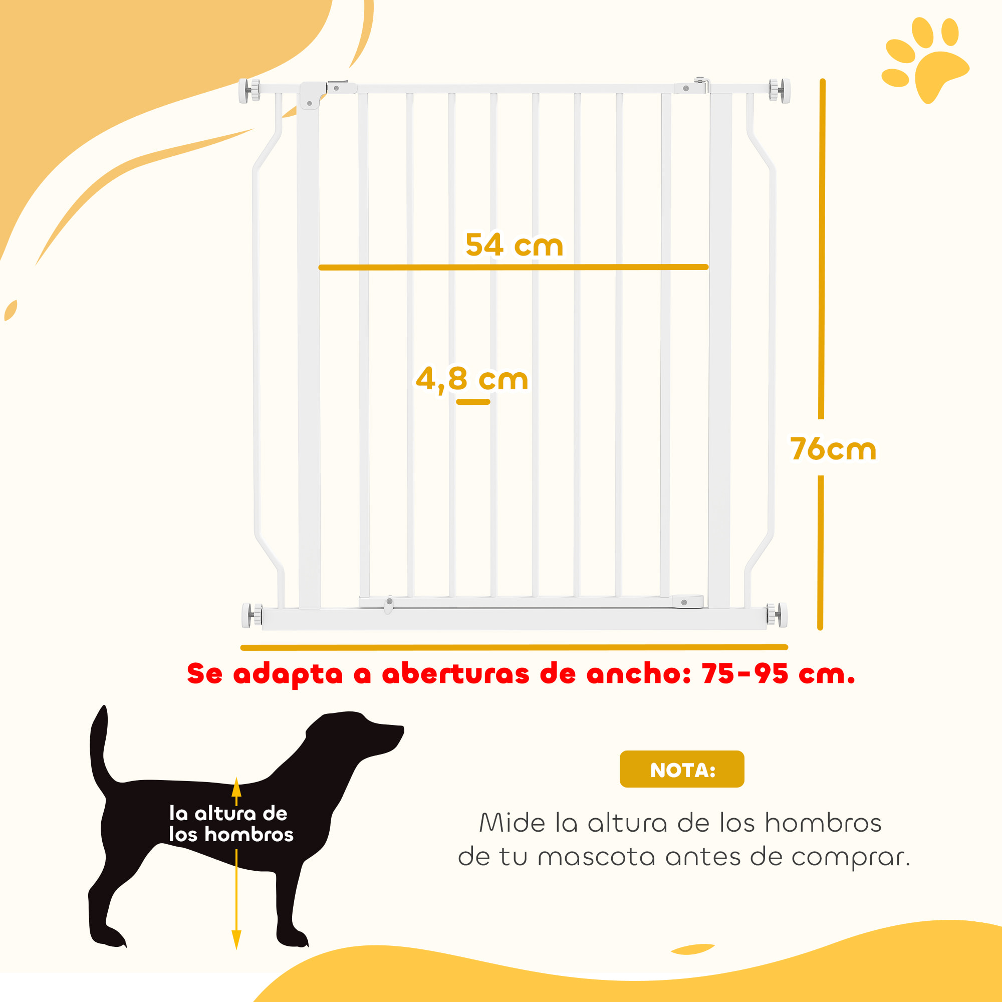 Barrera de Seguridad para Perros 75-85 cm para Puertas y Escaleras Puerta de Seguridad Apertura en Dos Sentidos y Solo una Mano Montaje a Presión y Doble Bloqueo Blanco