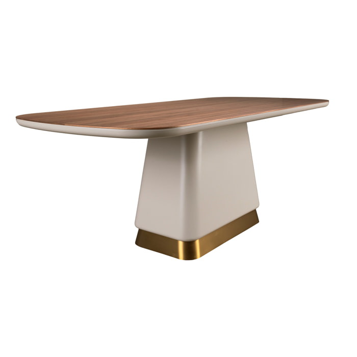 Mesa comedor rectangular con tapa fija de madera chapada en nogal natural patas de madera de MDF en beige y base de acero inoxidable pulido en dorado 200x95x76cm