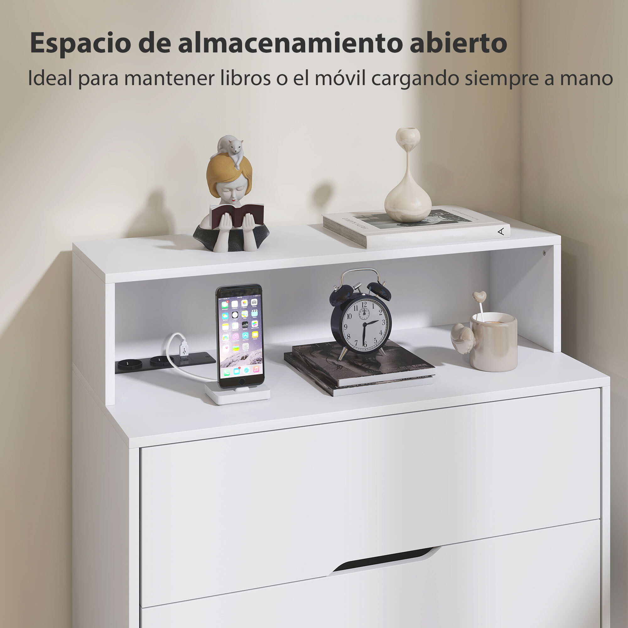 Cómoda de 4 Cajones con Estación de Carga, Cajonera para Dormitorio con Puerto USB, Puerto USB-C, Estante Abierto, 80x40x120 cm, Blanco