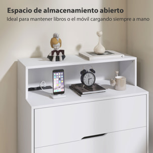 Cómoda de 4 Cajones con Estación de Carga, Cajonera para Dormitorio con Puerto USB, Puerto USB-C, Estante Abierto, 80x40x120 cm, Blanco