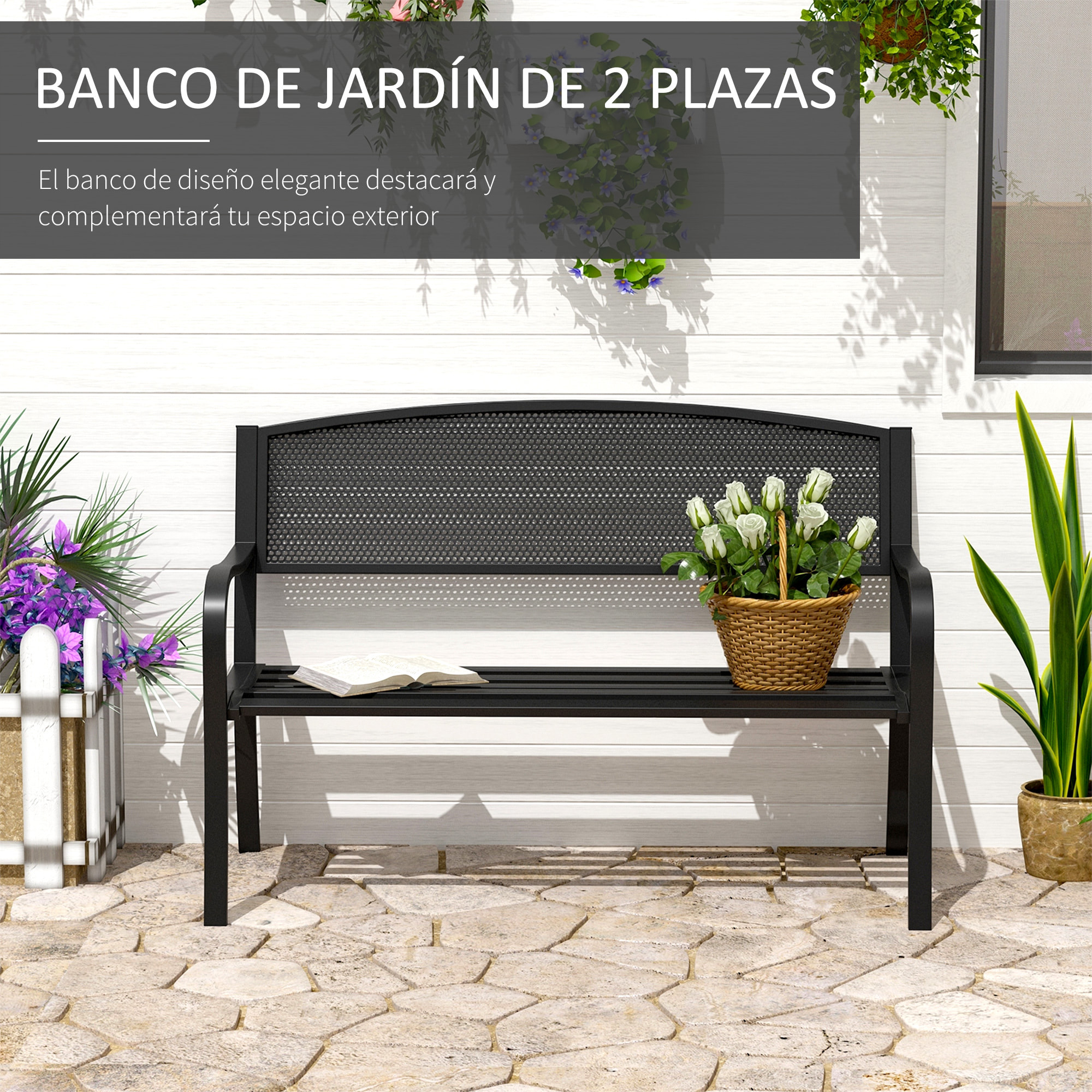 Banco de Jardín de 2 Plazas Banco Exterior con Respaldo de Malla de Acero Carga 240 kg para Patio Terraza Balcón 127x60x87 cm Negro