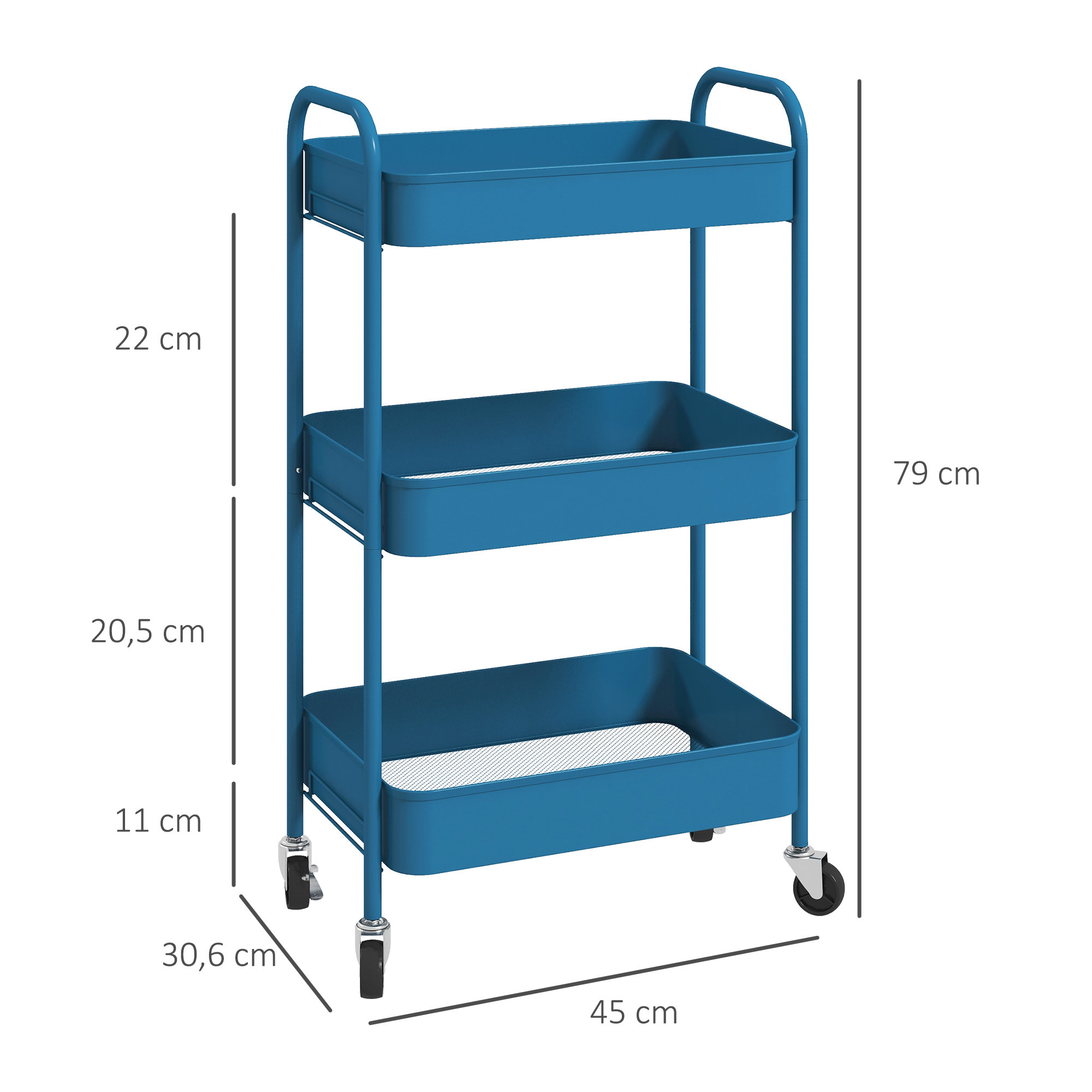 HOMCOM Carrito Auxiliar con Ruedas Carrito de Almacenamiento con 3 Cestas y Marco de Acero para Salón Dormitorio Oficina Cocina 45x30,6x79 cm Azul Oscuro