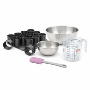 Set à pâtisserie 1 plaque de 12 mini-moules 2 bols à mixer 1 verre mesureur et 1 spatule Zenker Black Metallic