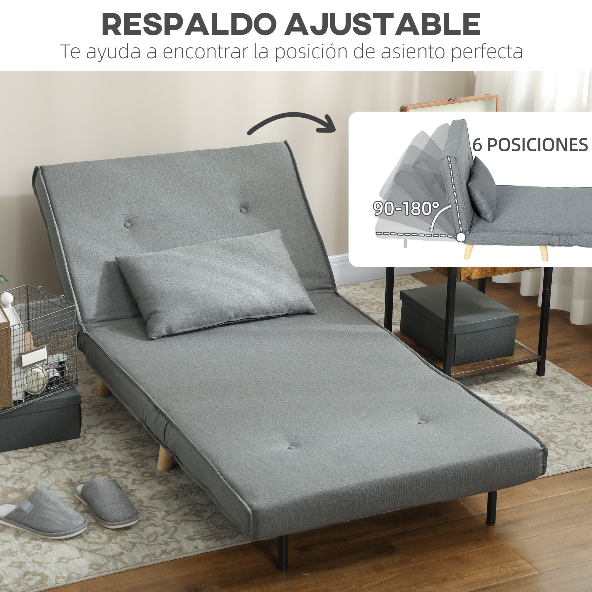 Sofá Cama de 1 Plaza 3 en 1, Sillón Cama Plegable Tapizado en Lino Sintético, con Respaldo Ajustable en 6 Niveles, Almohada, Asiento Ancho, Patas de Madera, 90x78x79 cm, Gris
