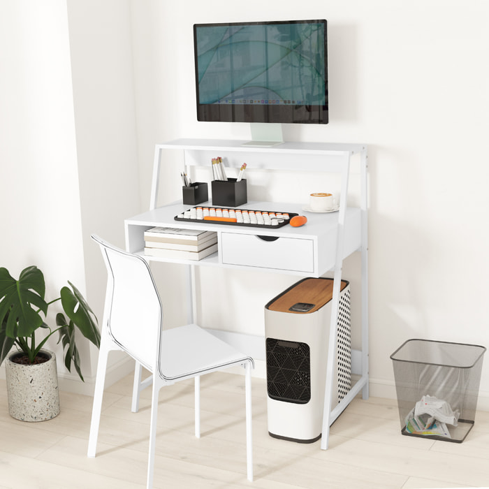 Bureau secrétaire bureau informatique style néo-rétro tiroir niche étagère métal blanc aspect bois blanc