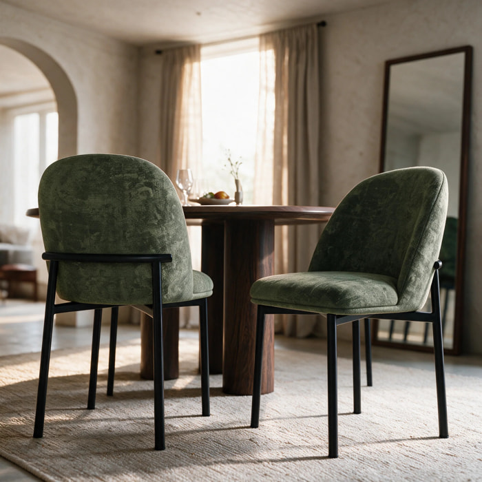Lot de 2 chaises en tissu vert sapin et pieds métal noir - Noah