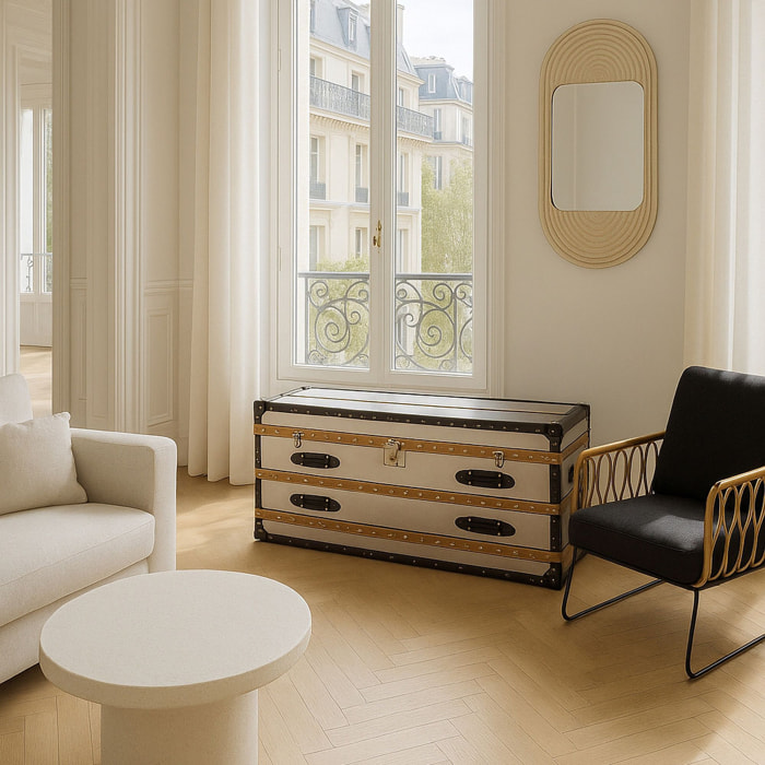 Commode basse 1 coffre 2 tiroirs en acier inoxydable et cuir ILIADE