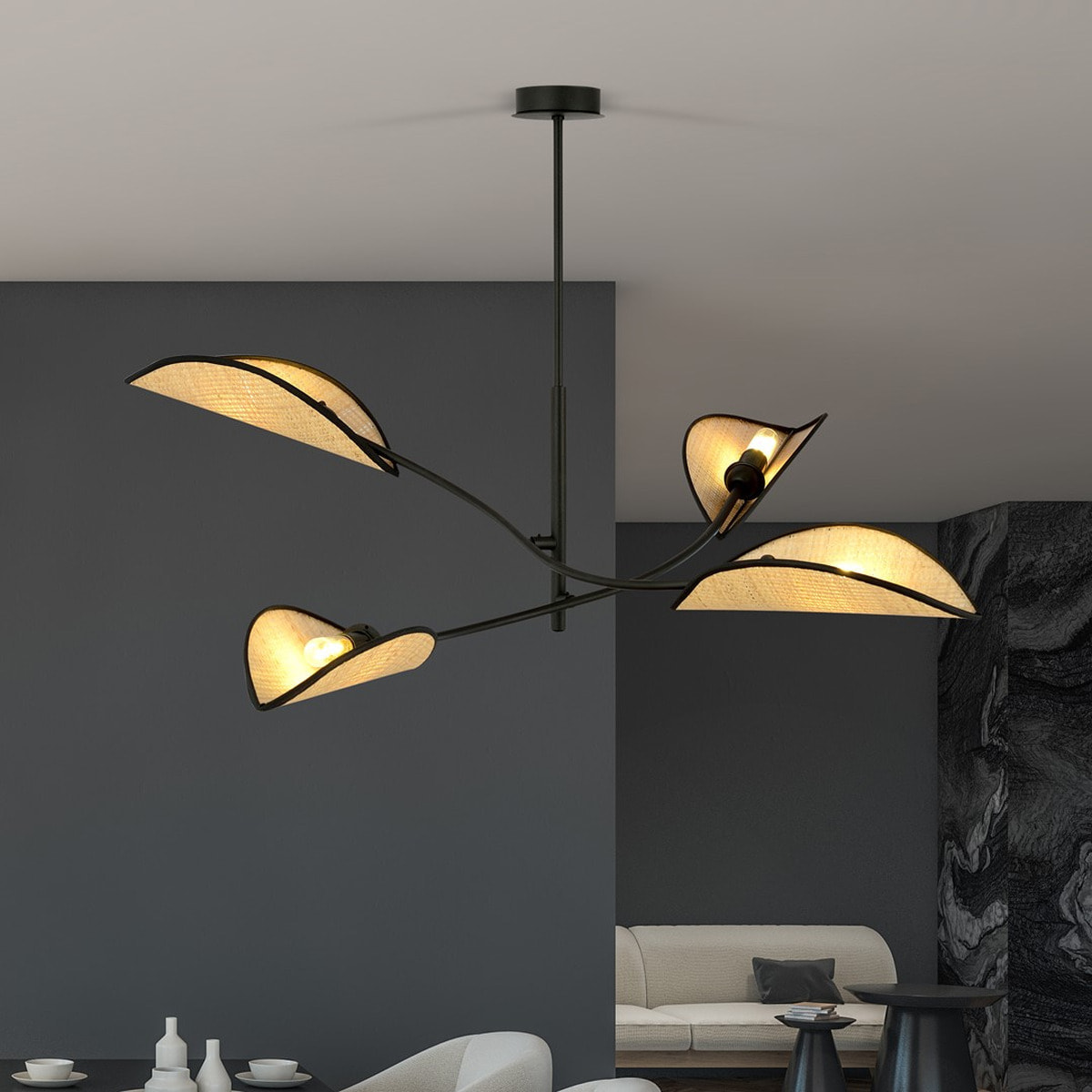 Lampada a sospensione Lotus in acciaio nero e rattan