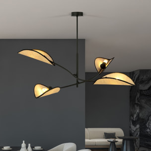 Lampada a sospensione Lotus in acciaio nero e rattan