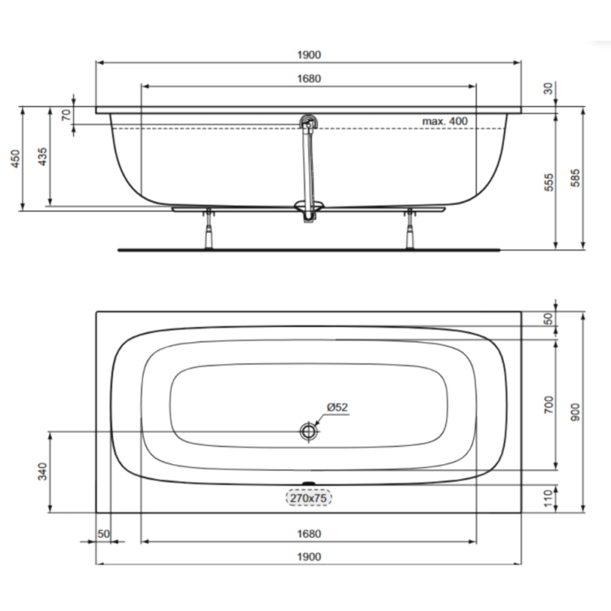 Baignoire droite 190 x 90 i.life Duo