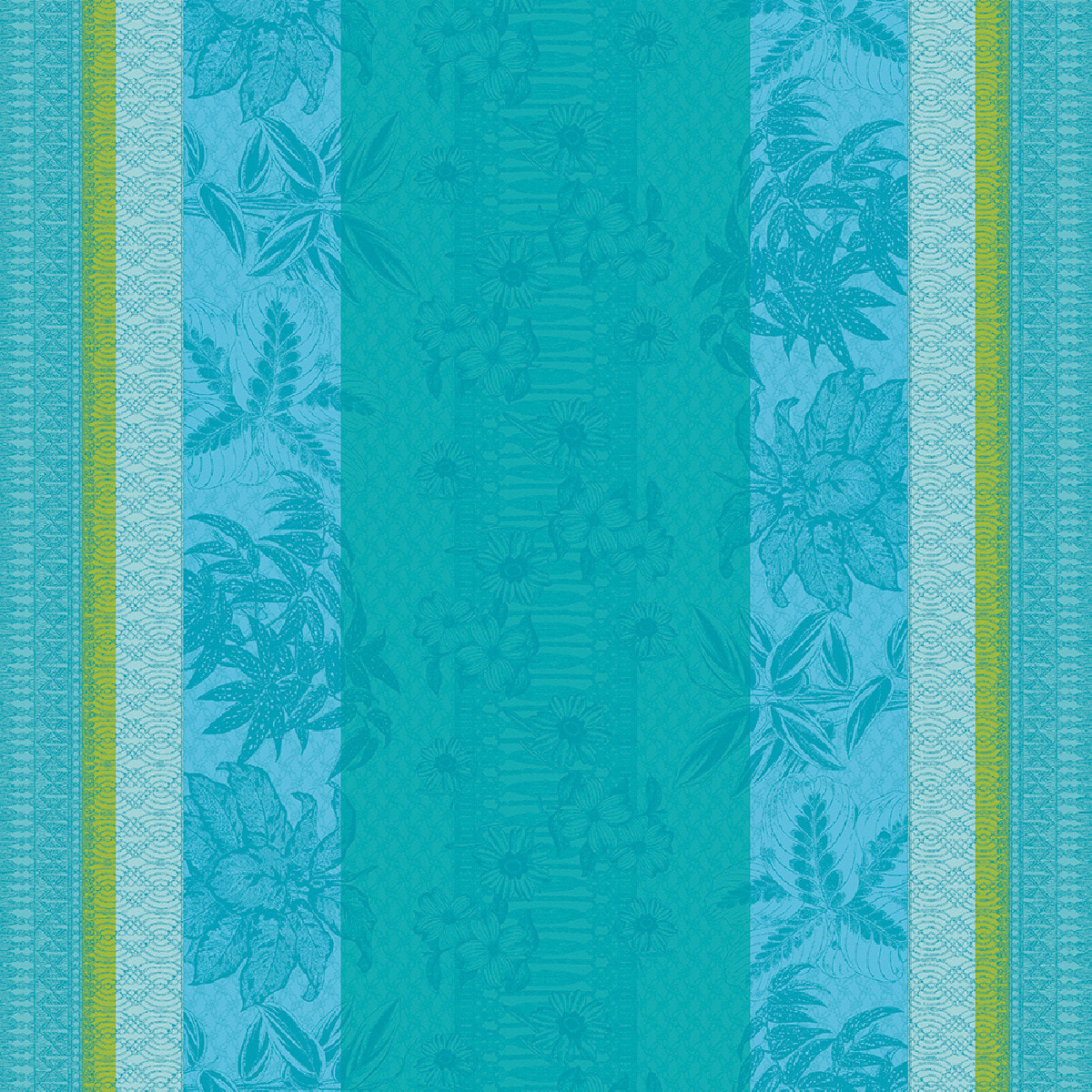 Nappe pur coton motif jacquard bleu vert Mille alocasias atoll